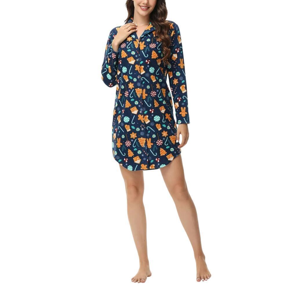 NWT INK + IVY Long Sleeve Christmas Print Notch Collar Sleepshirt Nightgown - Picture 5 of 7